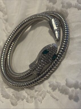Vintage Silver Snake Coil Bracelet with Green Eye Accents